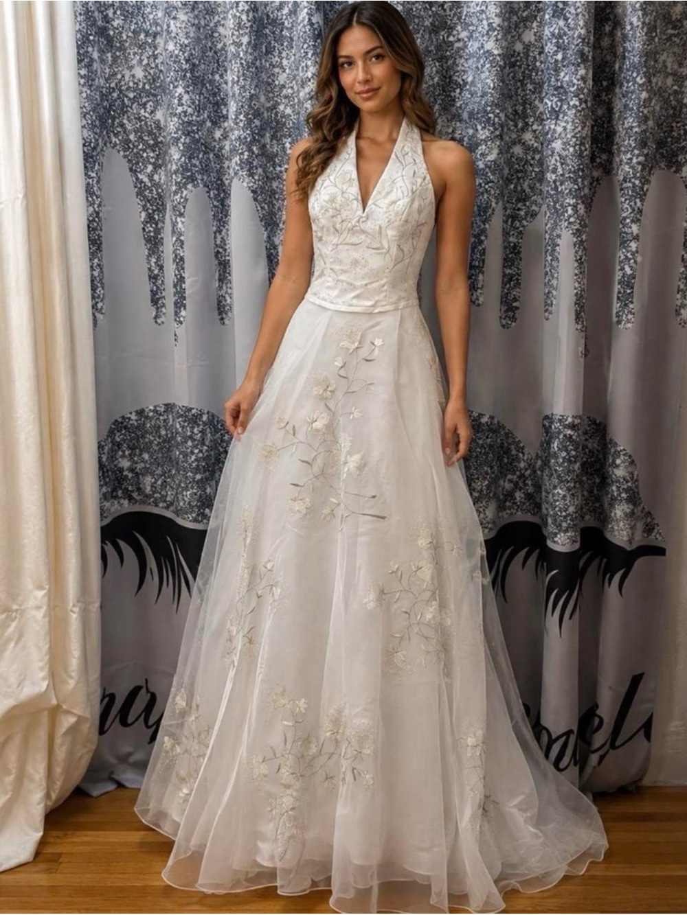 DaVinci Ivory Halter Floral Appliqué A-Line Wedding Gown